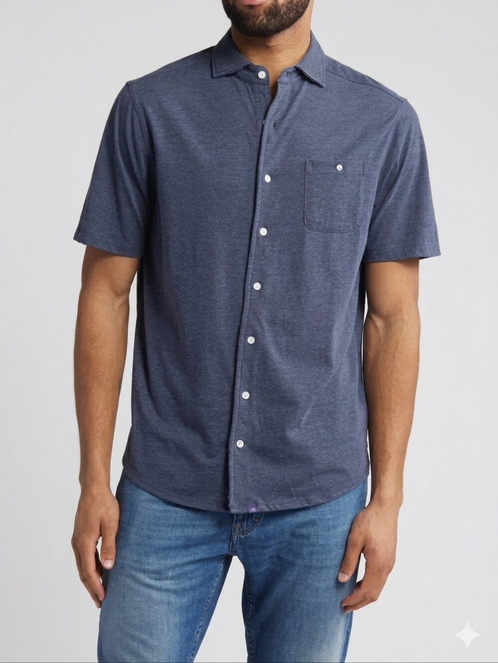 Johnnie-O Crouch Short Sleeve Knit Button-Up Blue Shirt Size L Large